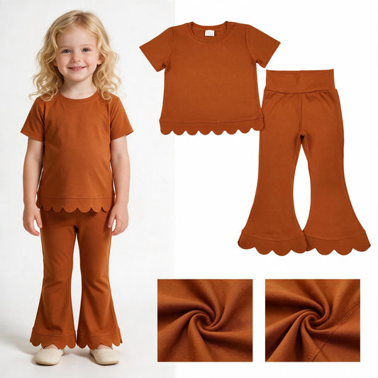 Girl orange color short sleeve scallop top matching pants wholesale outfit