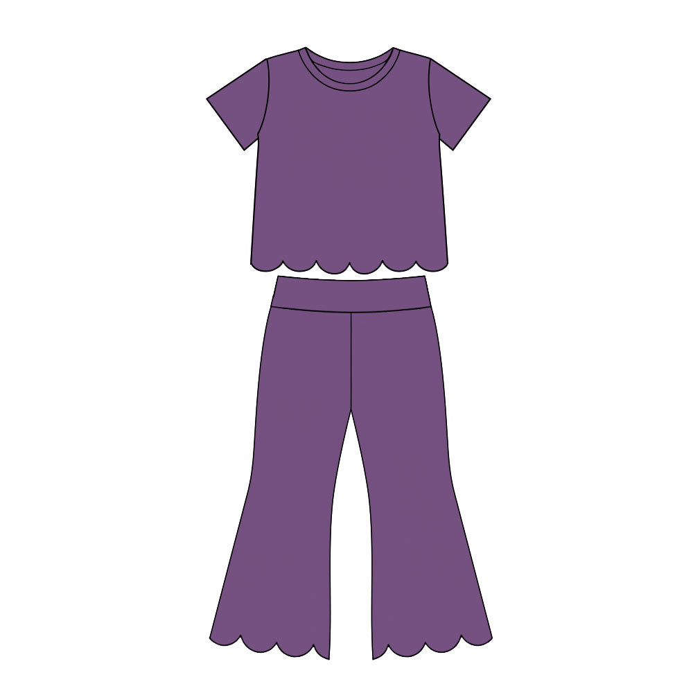 Girl dusty purple color short sleeve scallop top matching pants wholesale outfit preorder