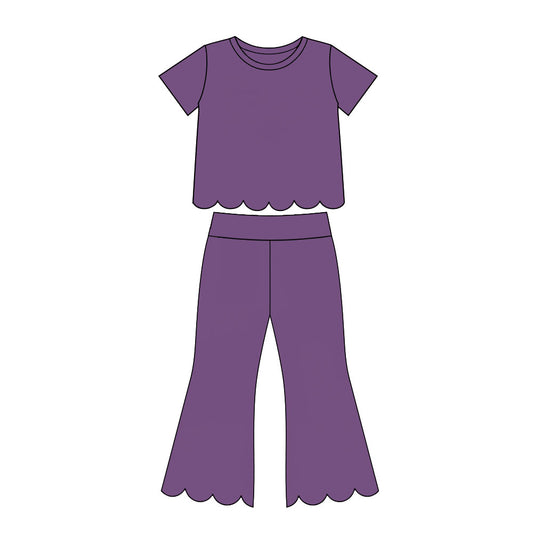 Girl dusty purple color short sleeve scallop top matching pants wholesale outfit preorder