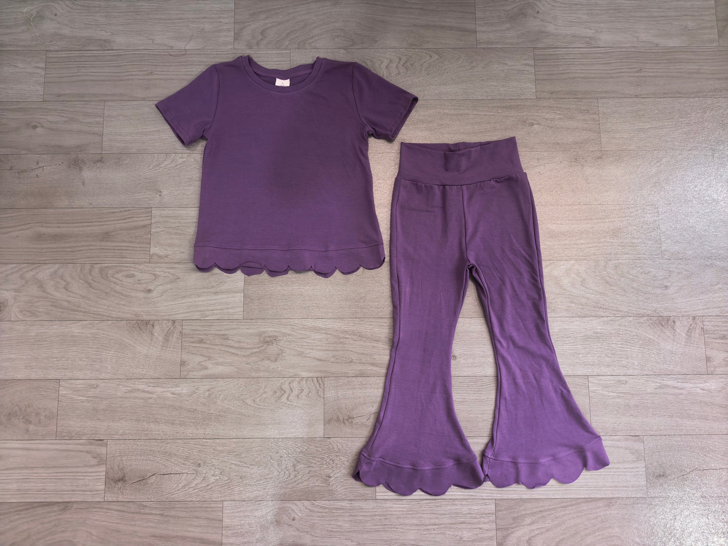 Girl dusty purple color short sleeve scallop top matching pants wholesale outfit preorder