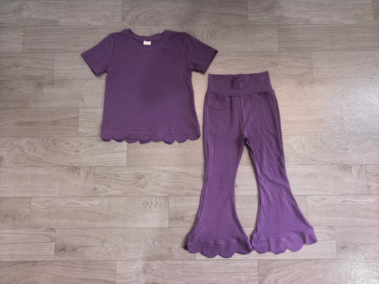 Girl dusty purple color short sleeve scallop top matching pants wholesale outfit preorder