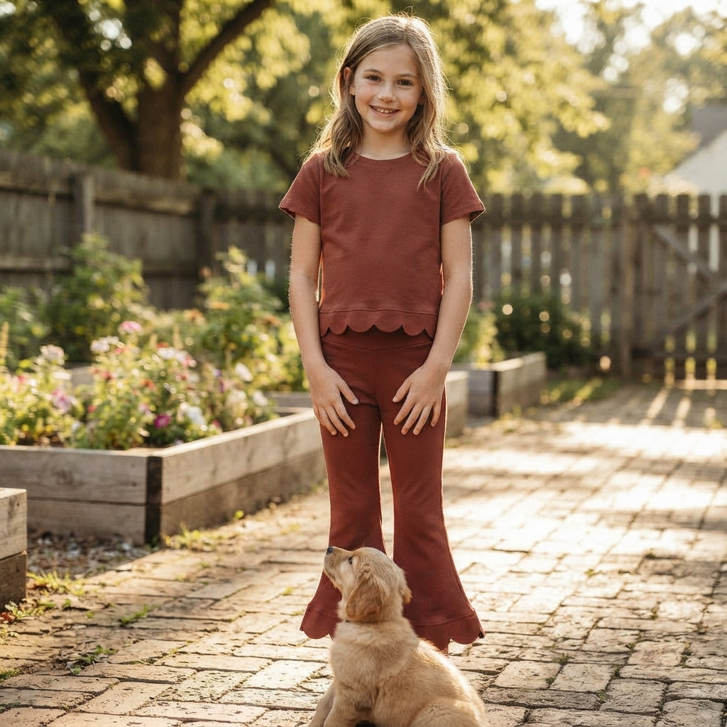 Girl brown color short sleeve scallop top matching pants wholesale outfit