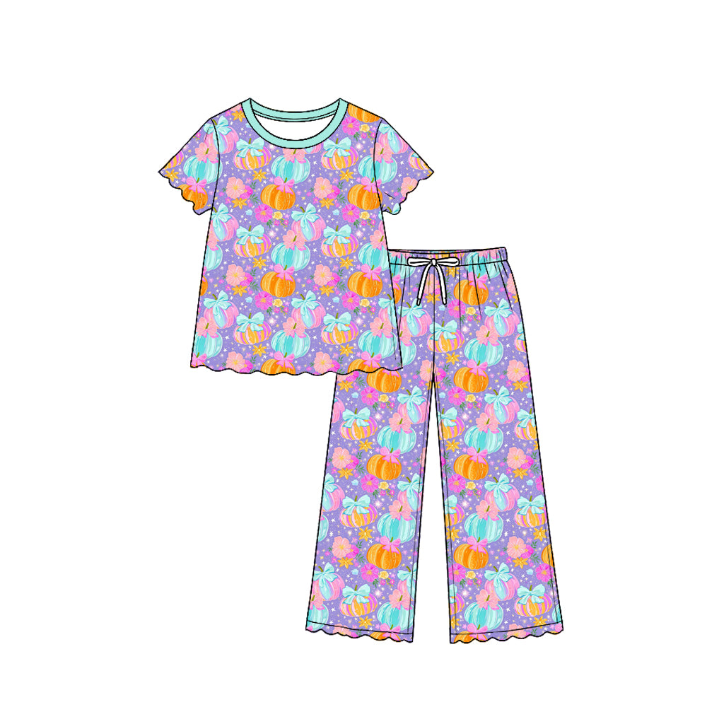 Colorful pumpkin top matching pants girls short sleeve outfit preorder