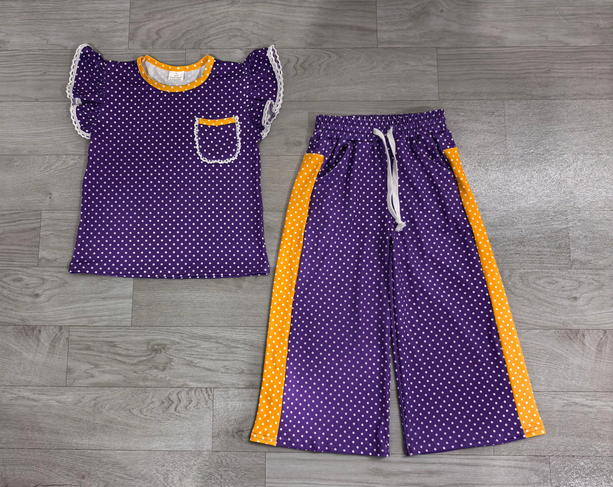 Purple polka dots flutter sleeve top matching pants girls outfit preorder