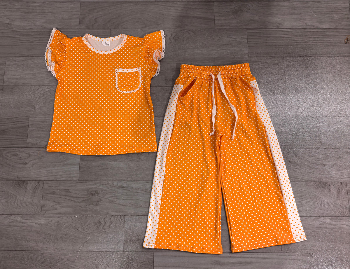 Orange polka dots flutter sleeve top matching pants girls outfit preorder