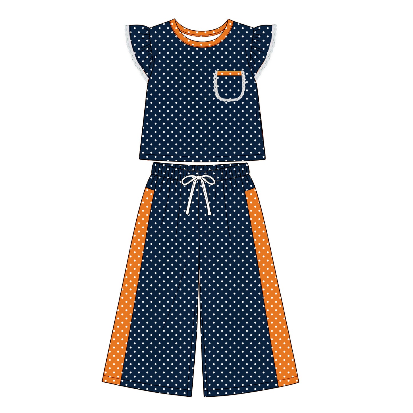 Navy polka dots flutter sleeve top matching pants girls outfit preorder
