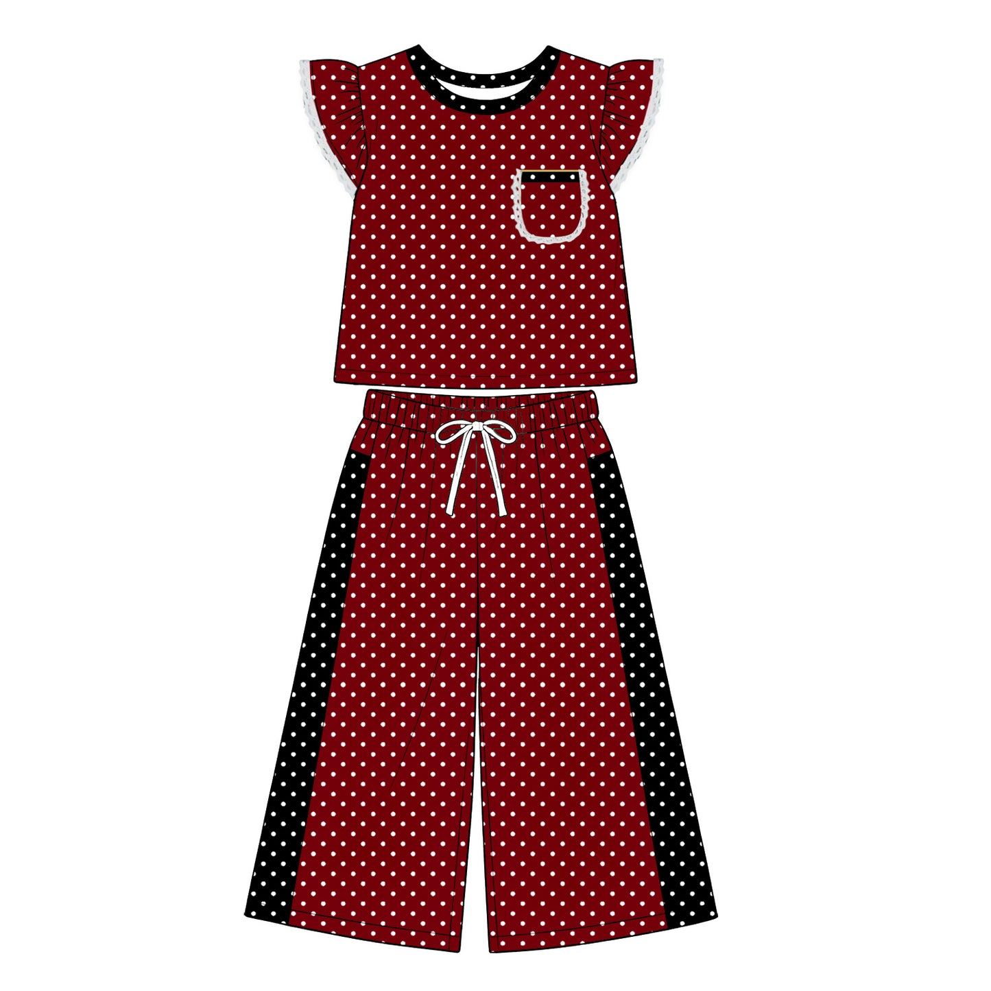 Dark red polka dots flutter sleeve top matching pants girls outfit preorder