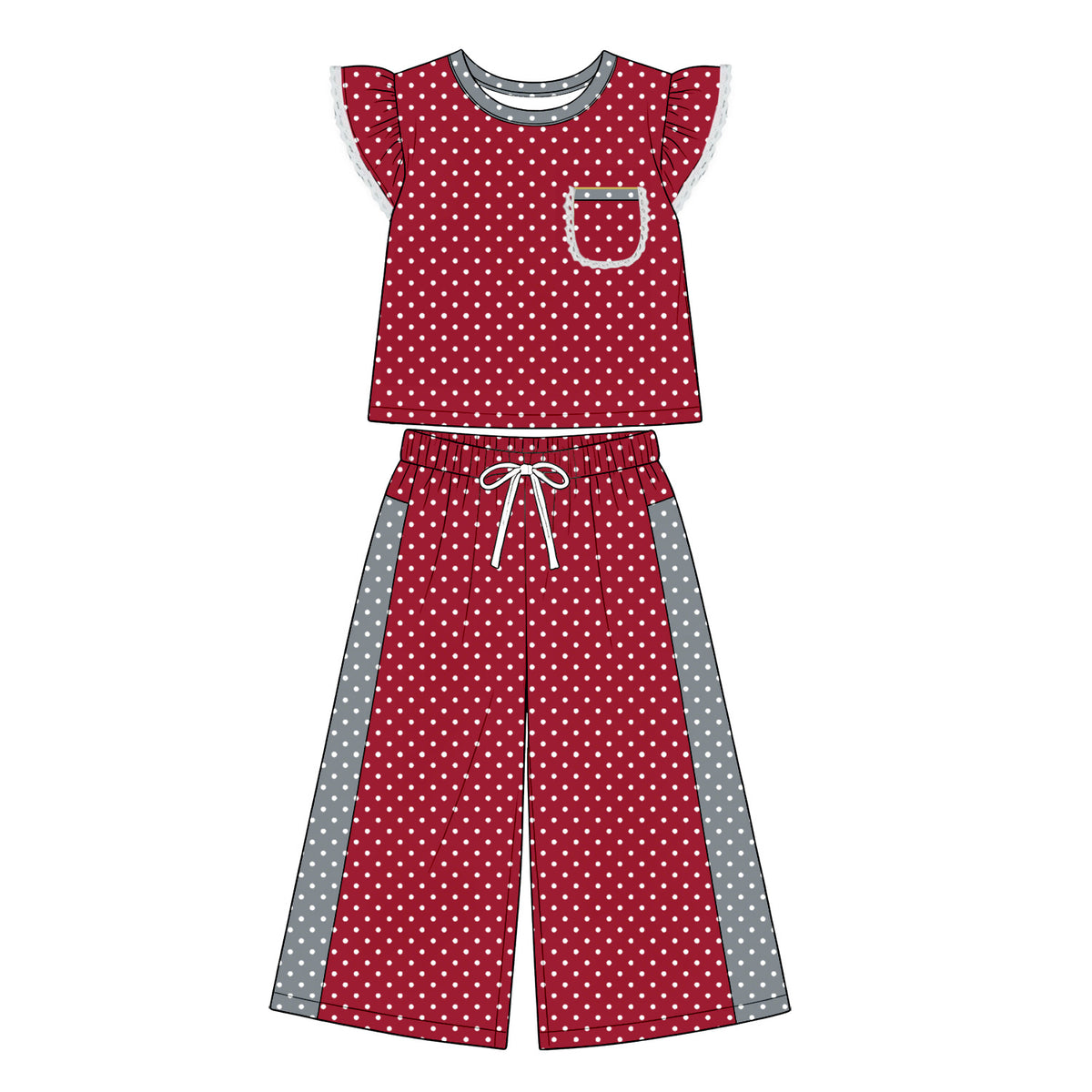 Red polka dots flutter sleeve top matching pants girls outfit preorder