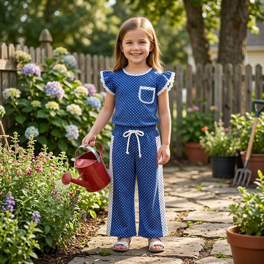 Blue polka dots flutter sleeve top matching pants girls outfit