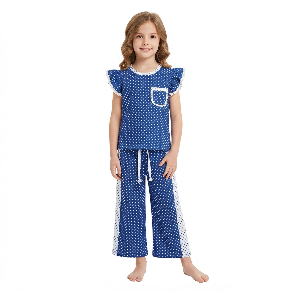 Blue polka dots flutter sleeve top matching pants girls outfit
