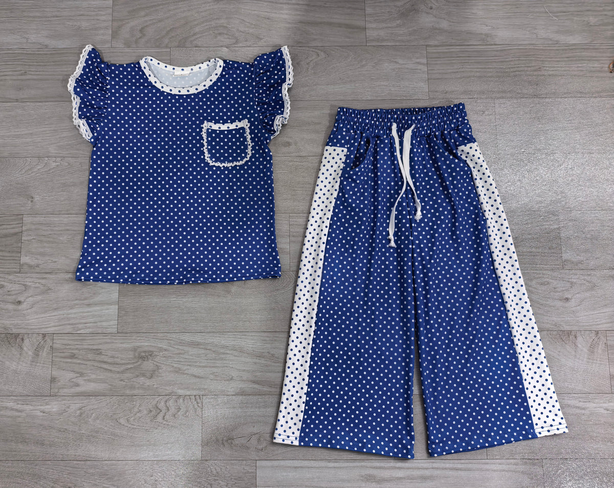 Blue polka dots flutter sleeve top matching pants girls outfit preorder