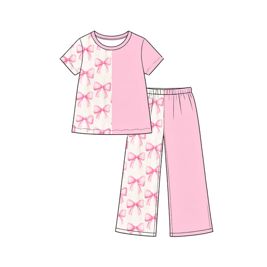 Pink bow girls short sleeve top pants set outfit preorder