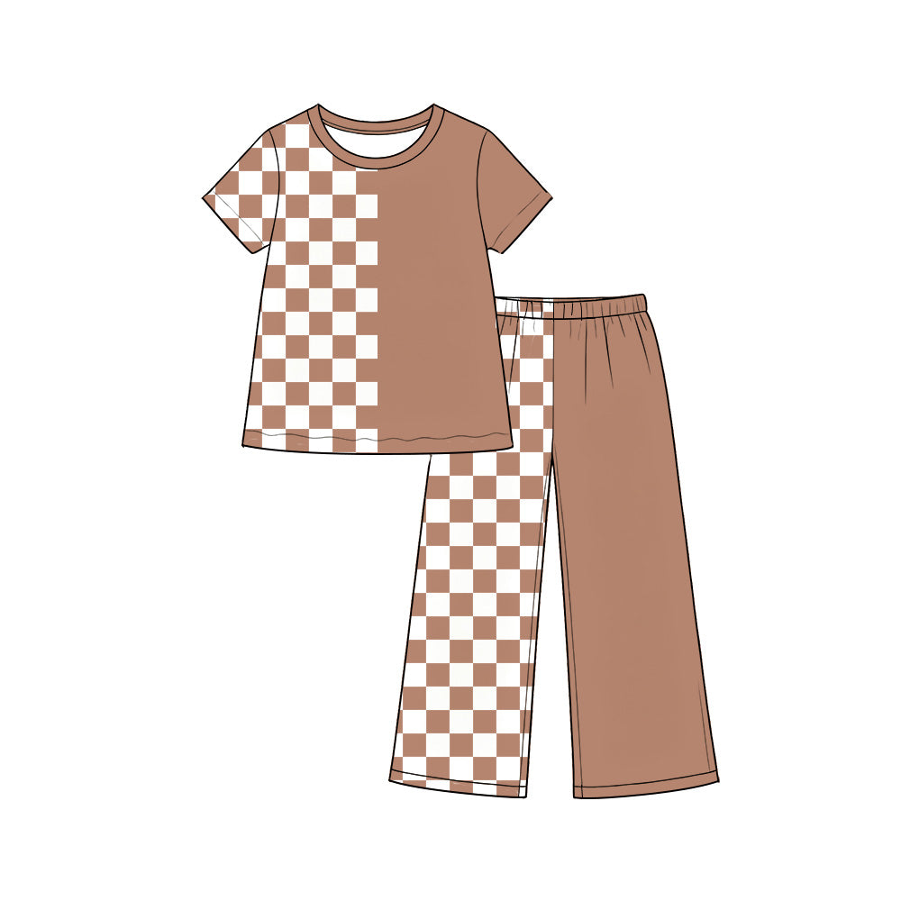 Khaki plaid girls short sleeve top pants set outfit preorder