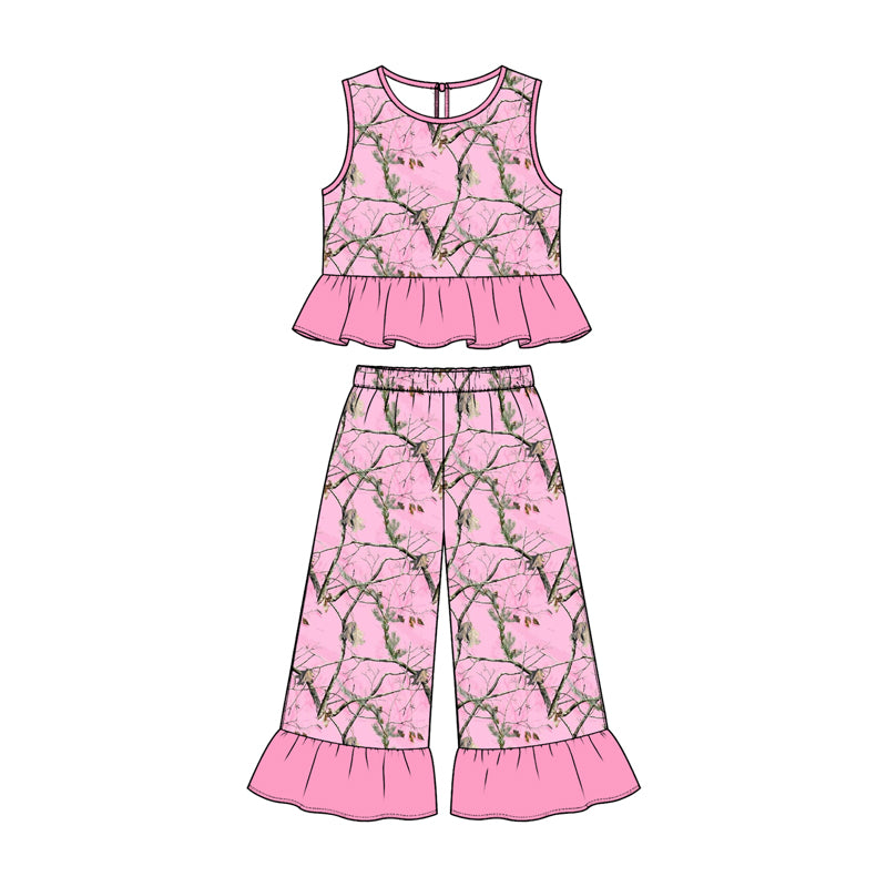 Pink leaves print girl sleeveless outfit preorder