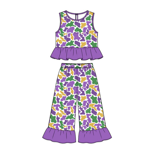 Mardi Gras camo print sleeveless top matching pants girs outfit preorder