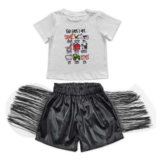 farm animal top black leather shorts outfit