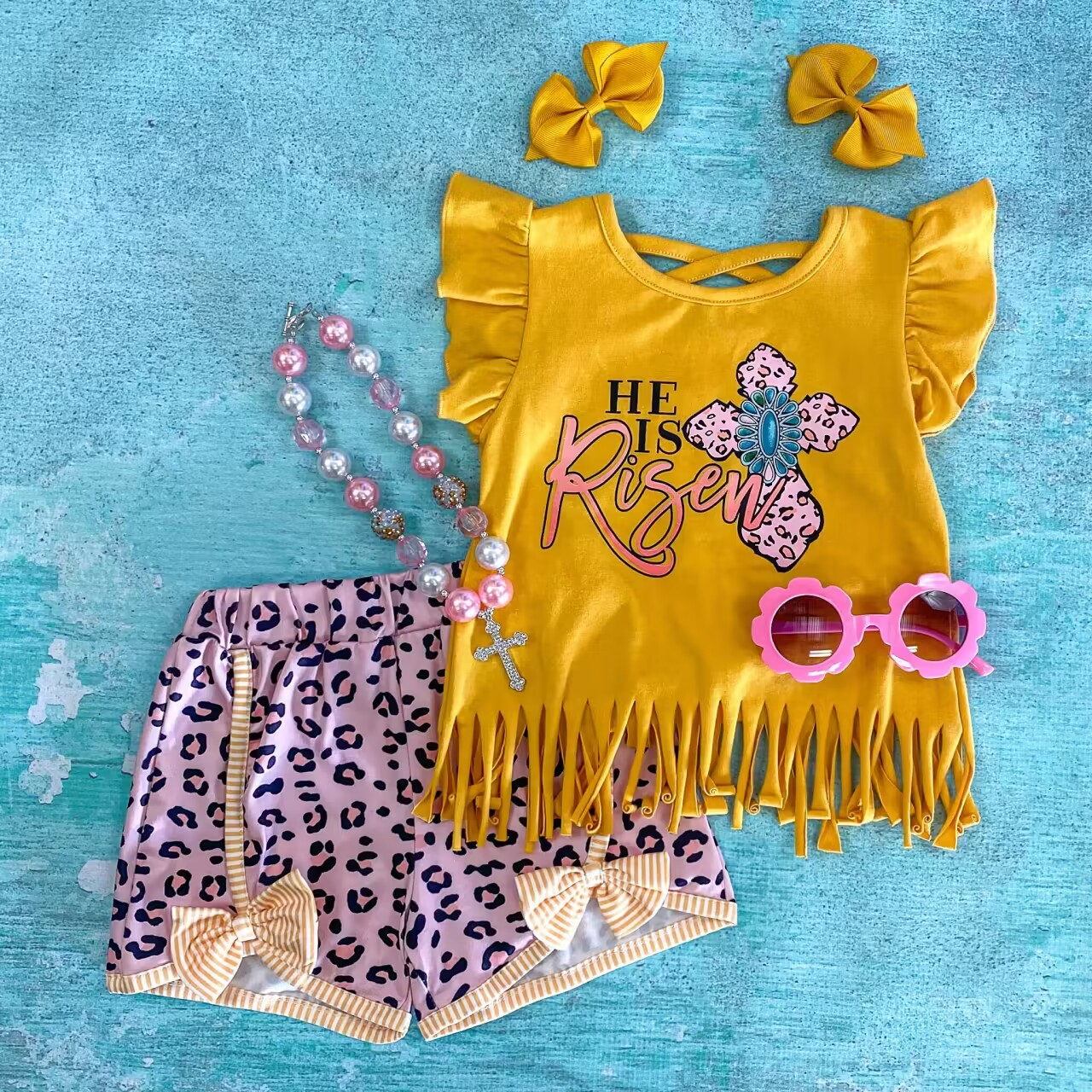 he is risen turquoise top leopard shorts 2pcs outfit preorder