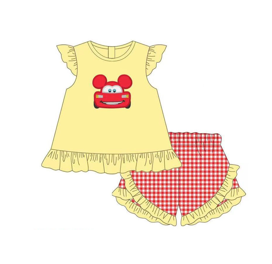 baby girls cartoon car top red gingham shorts 2pcs outfit preorder