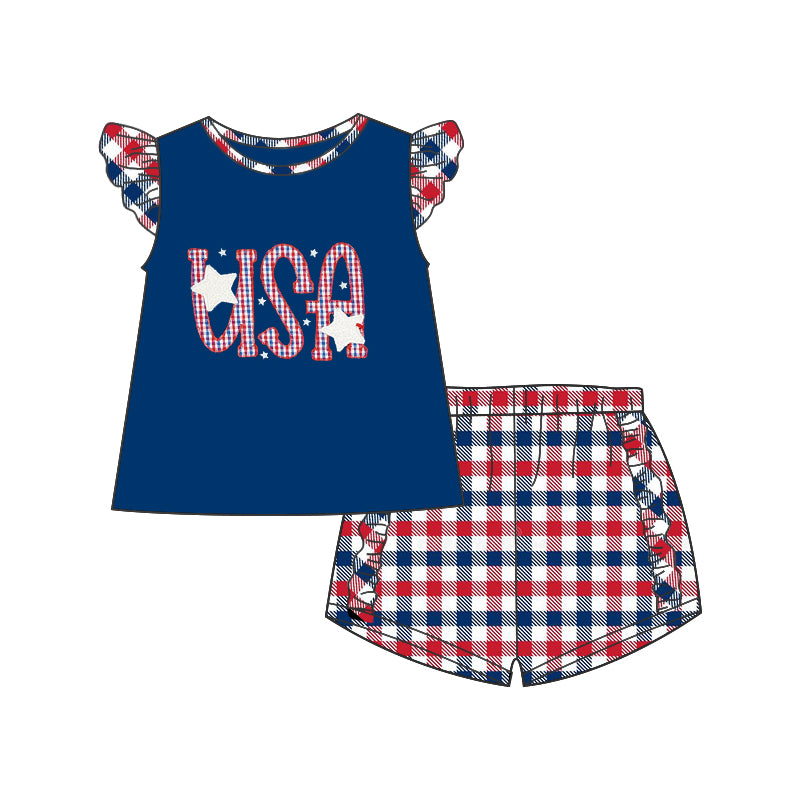 girls USA American top blue red plaid shorts outfit preorder