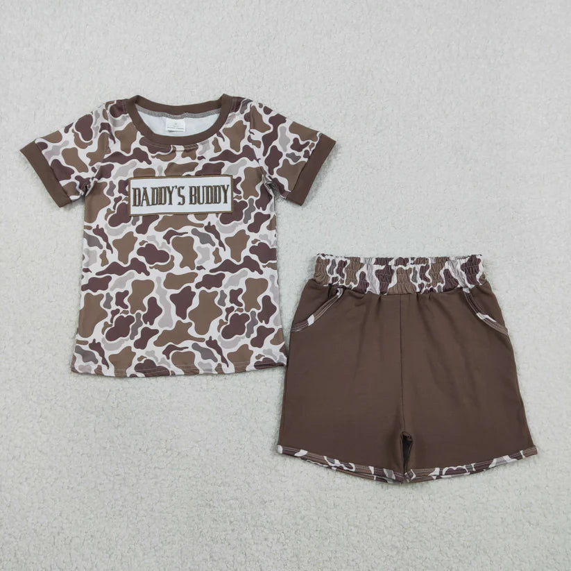 Embroidery Daddys buddy light grey camo top matching shorts boy summer outfit
