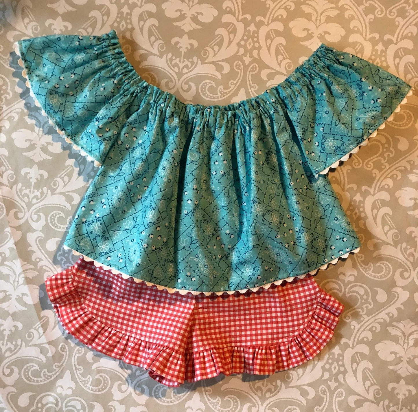 baby girls blue floral top red plaid shorts outfit preorder