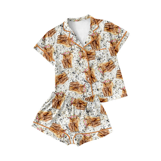 cowgirls highland cow floral short sleeve pajama set preorder