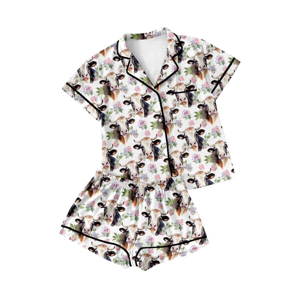 farm animal cow floral short sleeve pajama set preorder