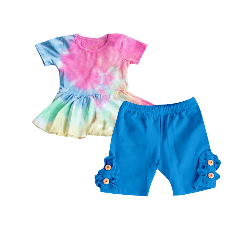 girls tie dye top blue shorts outfit preorder