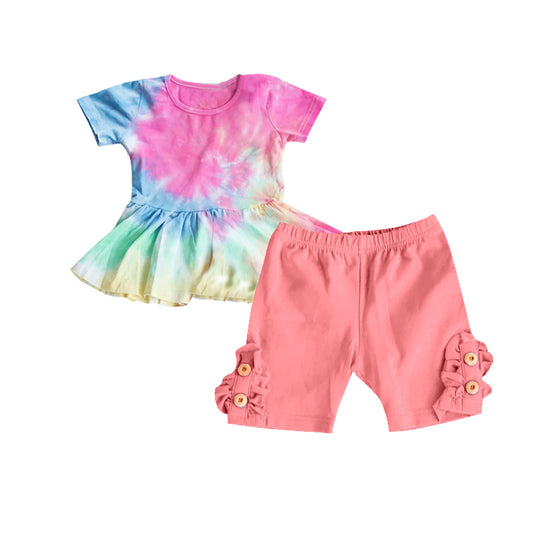 girls tie dye top coral shorts outfit preorder