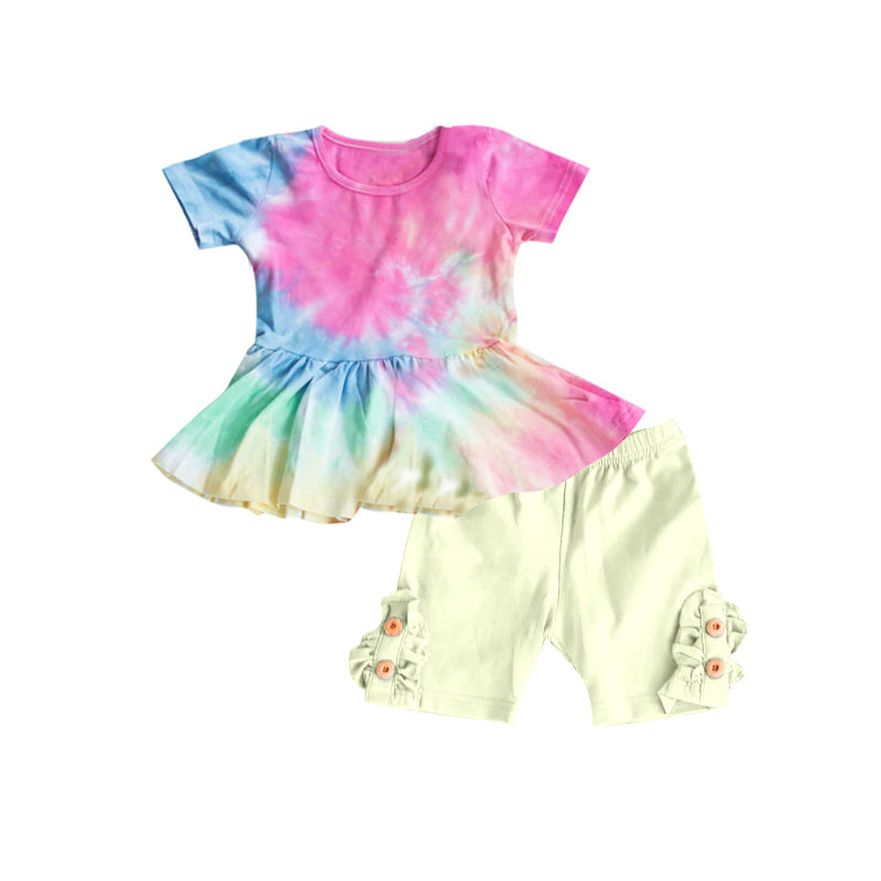 girls tie dye top yeelow shorts outfit preorder