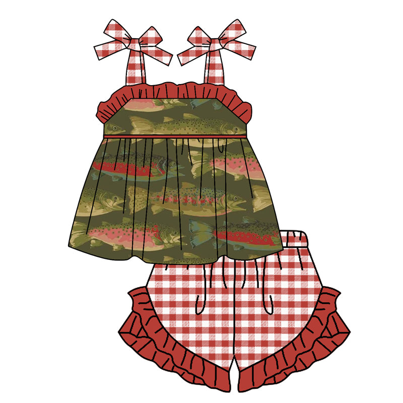 girl fishing top red gingham shorts outfit preorder