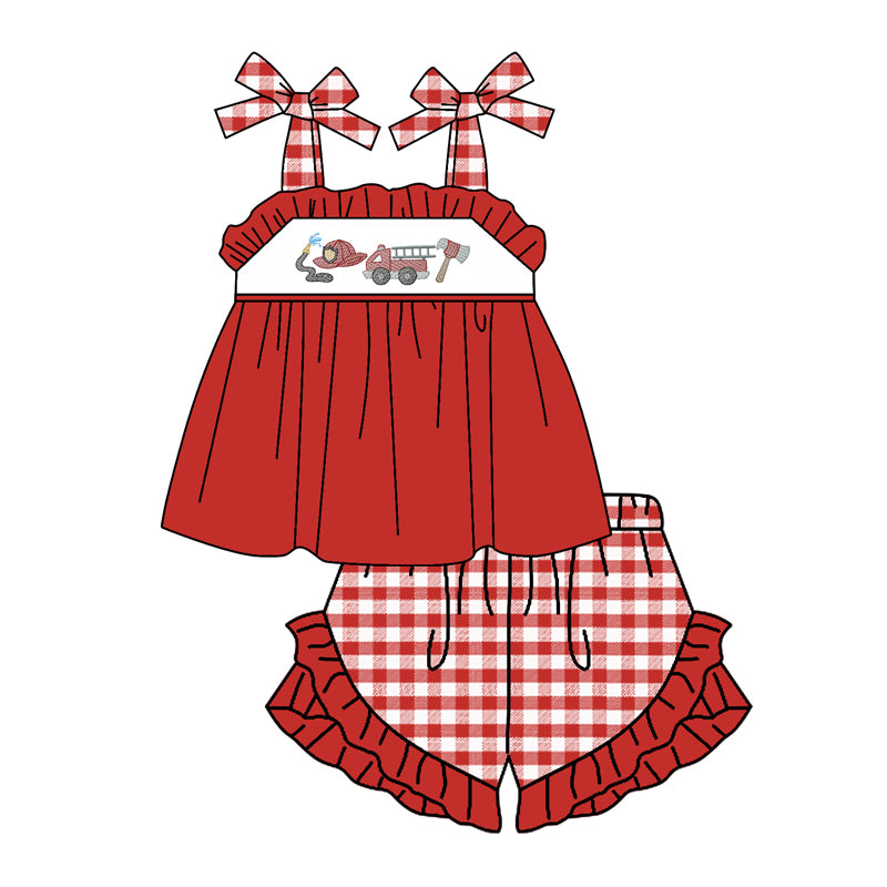 girls construction shirt red gingham shorts outfit preorder