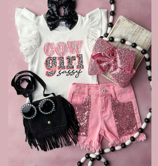 western cowgirls shirt pink sequins jeans shorts outfit preorder