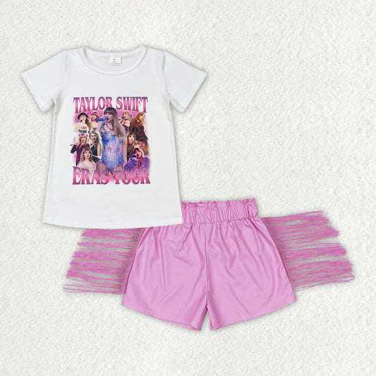 country music singer shirt pink pu leather shorts outfit