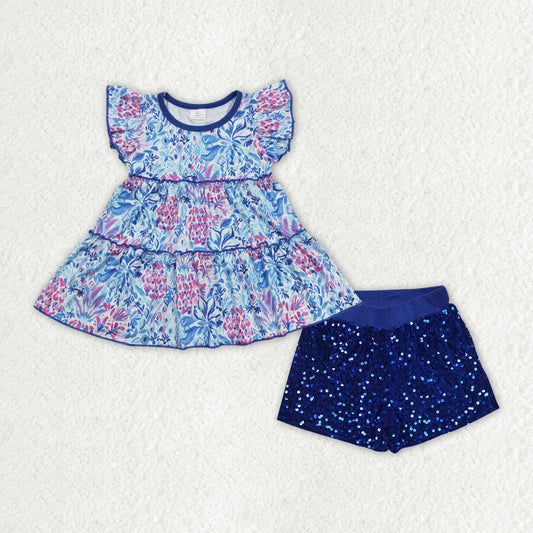 girls floral shirt blue sequins shorts baby clothes