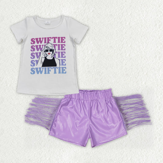 country music singer shirt lavender pu leather shorts outfit