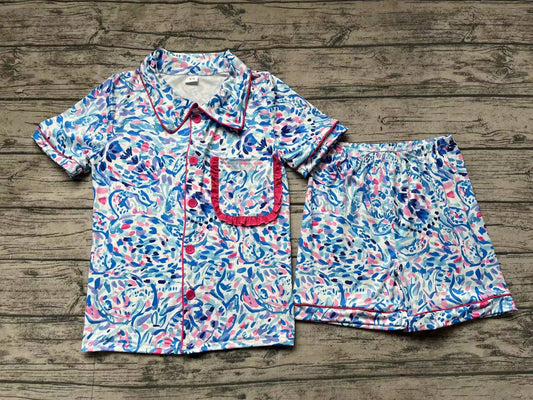 Adult blue floral short sleeve button down pajama set preorder