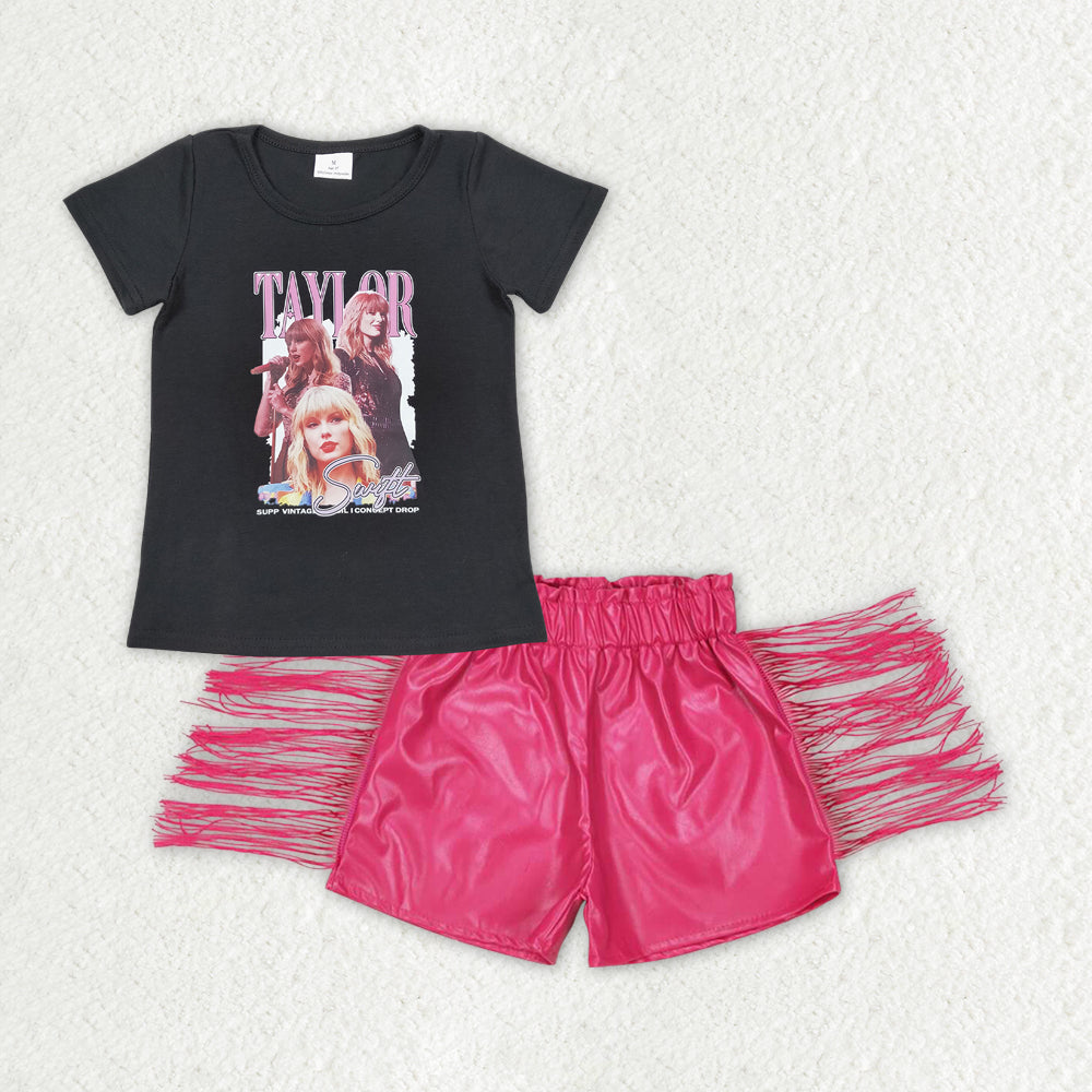 country music singer shirt hot pink pu leather shorts outfit