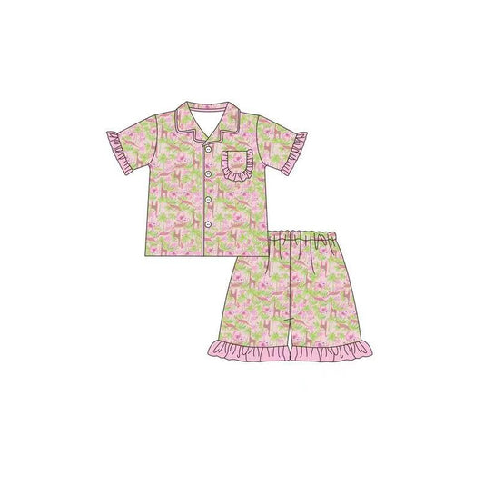 pink floral dinasaur short sleeve pajama set preorder