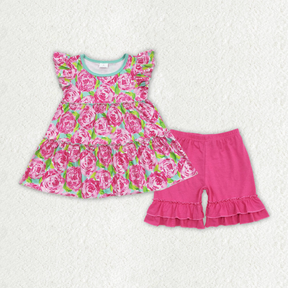 hot pink floral matching short summer clothes