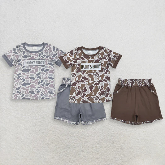 Embroidery Daddys buddy light grey camo top matching shorts boy summer outfit