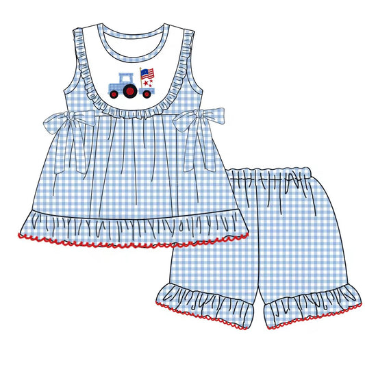 Ameican flag tractor baby girls july 4th outfit preorder