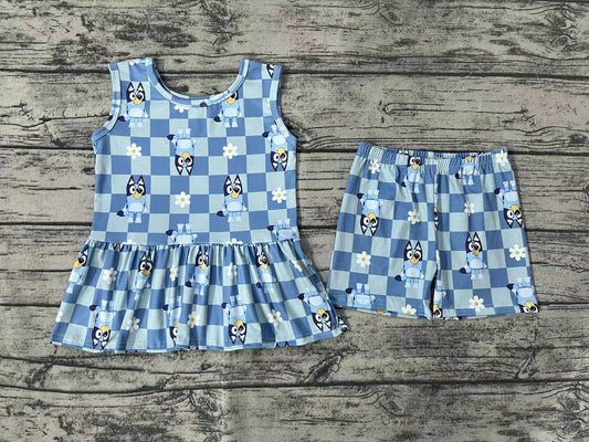 blue cartoon dog checkered summer outfit preorder