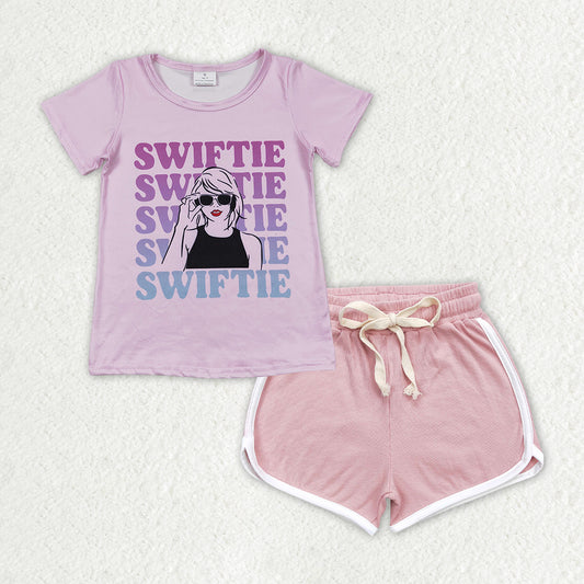 swiftie short sleeve shirt light pink shorts summer outfit