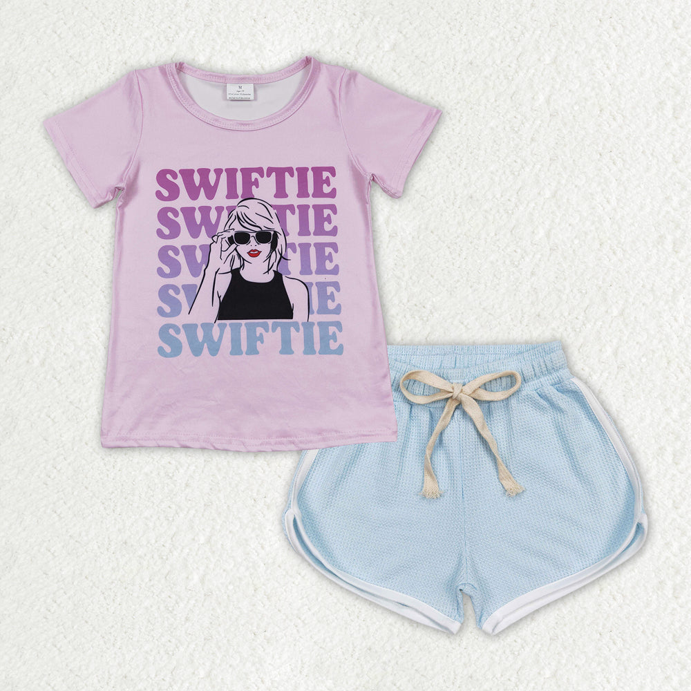 swiftie short sleeve shirt blue shorts summer outfit