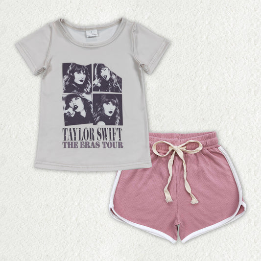 country music singer shirt dark pink cotton shorts summer outfit