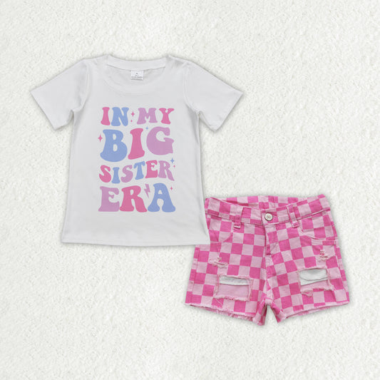 in my big sister ear shirt pink checkerd jeans shorts outfit
