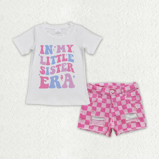 in my litter sister ear shirt pink checkerd jeans shorts outfit