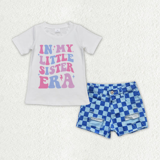 in my litter sister ear shirt blue checkerd jeans shorts outfit
