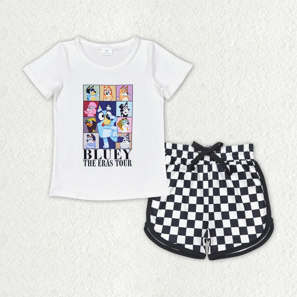 blue cartoon dog shirt black checkered shorts 2pcs summer clothes